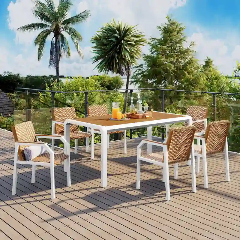 Outdoor Wicker Furniture Set of 6 Chairs 7 Piece Patio Dining Table Set with Wood Tabletop Outdoor Dining Set
