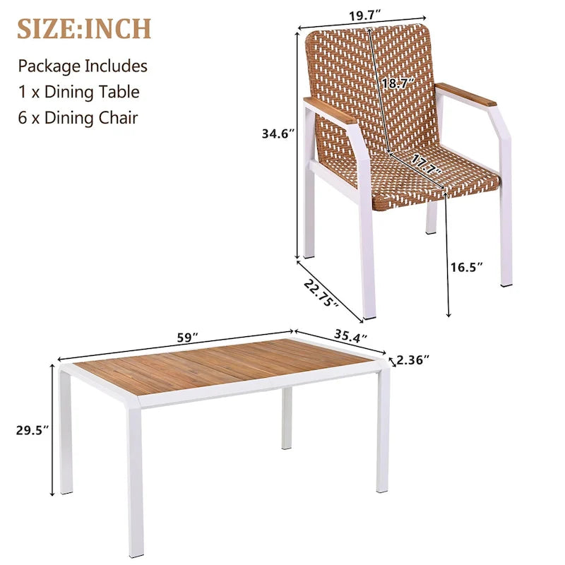 Outdoor Wicker Furniture Set of 6 Chairs 7 Piece Patio Dining Table Set with Wood Tabletop Outdoor Dining Set