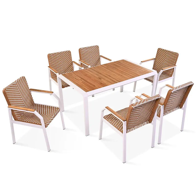 Outdoor Wicker Furniture Set of 6 Chairs 7 Piece Patio Dining Table Set with Wood Tabletop Outdoor Dining Set