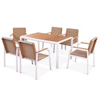 Outdoor Wicker Furniture Set of 6 Chairs 7 Piece Patio Dining Table Set with Wood Tabletop Outdoor Dining Set