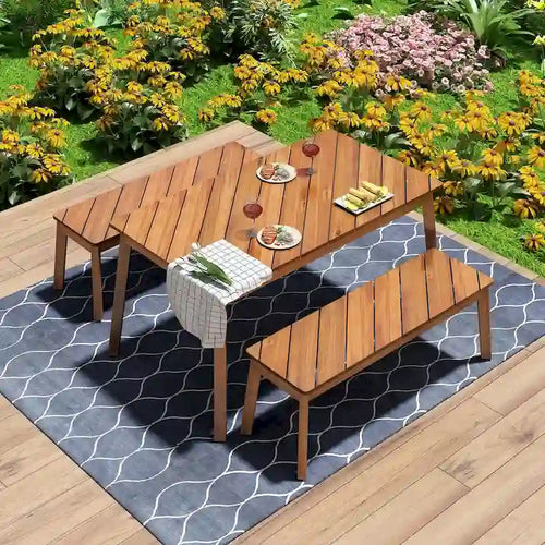 3 Pieces Acacia Wood Table Bench Dining Set