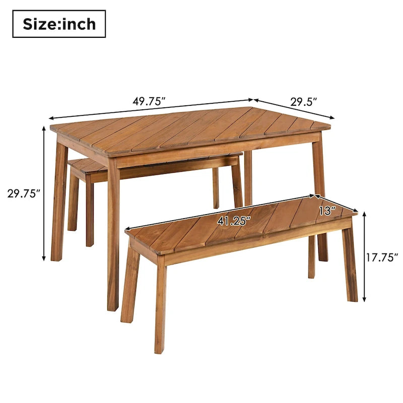 3 Pieces Acacia Wood Table Bench Dining Set