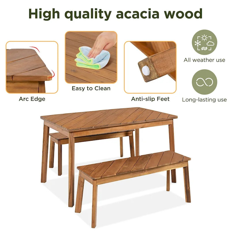 3 Pieces Acacia Wood Table Bench Dining Set