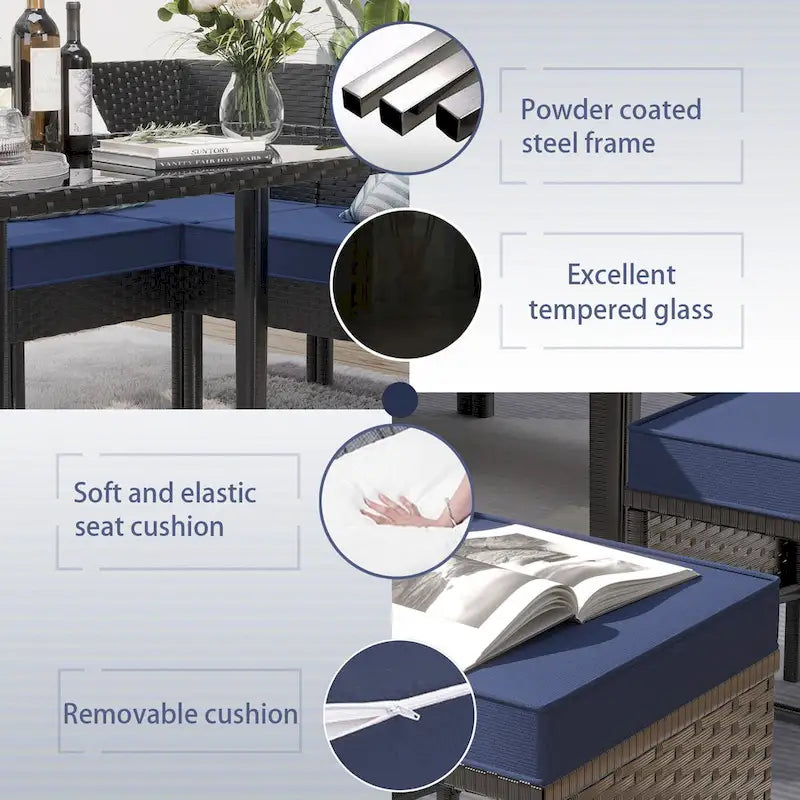 Small Space Patio Furniture 7-Piece Outdoor Furniture Set, Backyard Furniture Set, Waterproof Seat Cushion, Glass Table