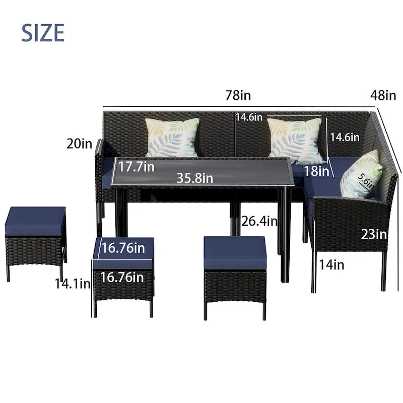 Small Space Patio Furniture 7-Piece Outdoor Furniture Set, Backyard Furniture Set, Waterproof Seat Cushion, Glass Table