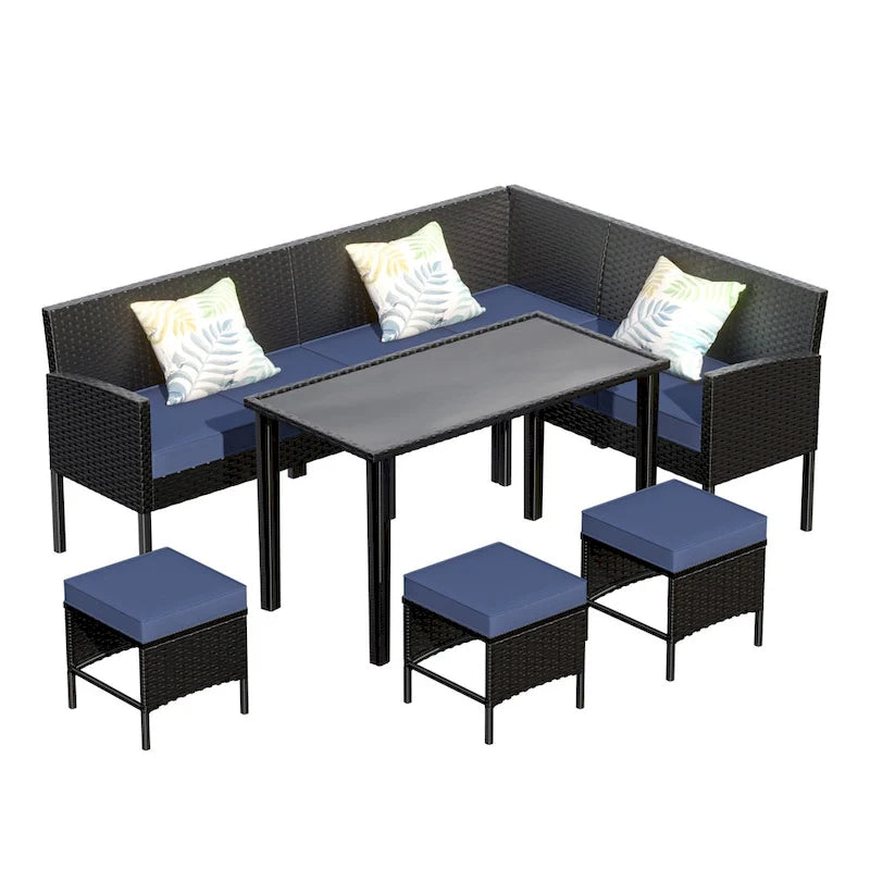 Small Space Patio Furniture 7-Piece Outdoor Furniture Set, Backyard Furniture Set, Waterproof Seat Cushion, Glass Table