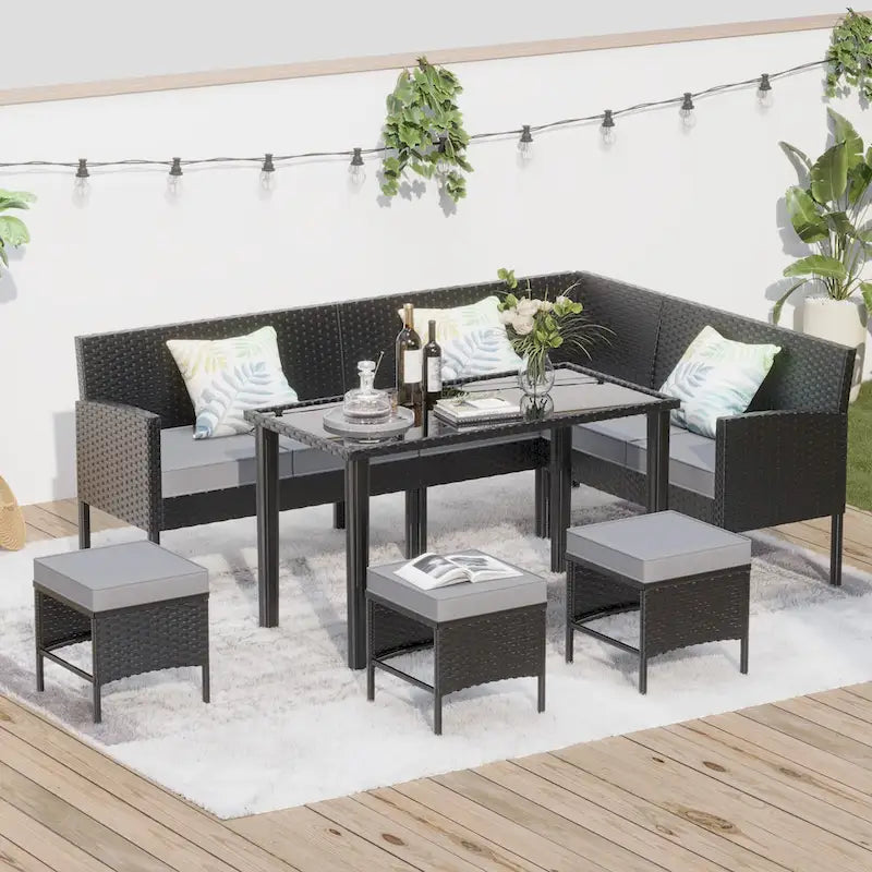 Small Space Patio Furniture 7-Piece Outdoor Furniture Set, Backyard Furniture Set, Waterproof Seat Cushion, Glass Table