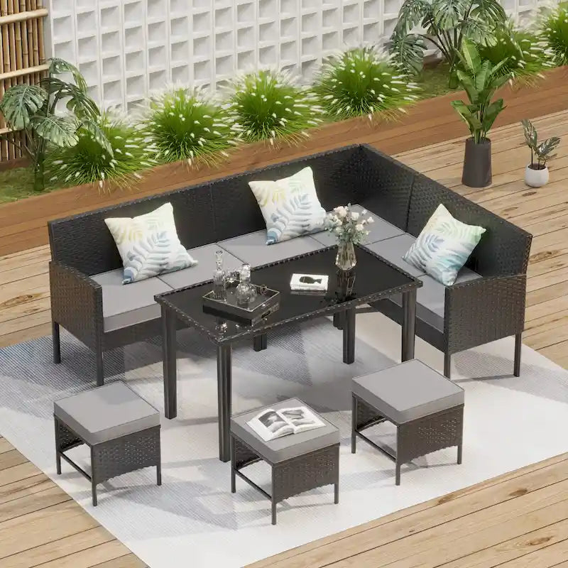 Small Space Patio Furniture 7-Piece Outdoor Furniture Set, Backyard Furniture Set, Waterproof Seat Cushion, Glass Table