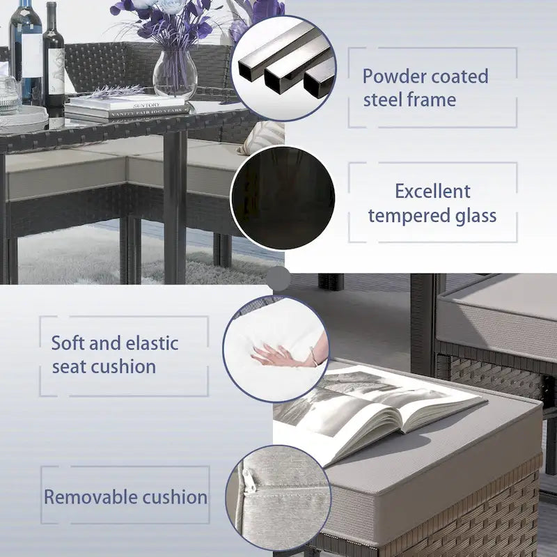 Small Space Patio Furniture 7-Piece Outdoor Furniture Set, Backyard Furniture Set, Waterproof Seat Cushion, Glass Table