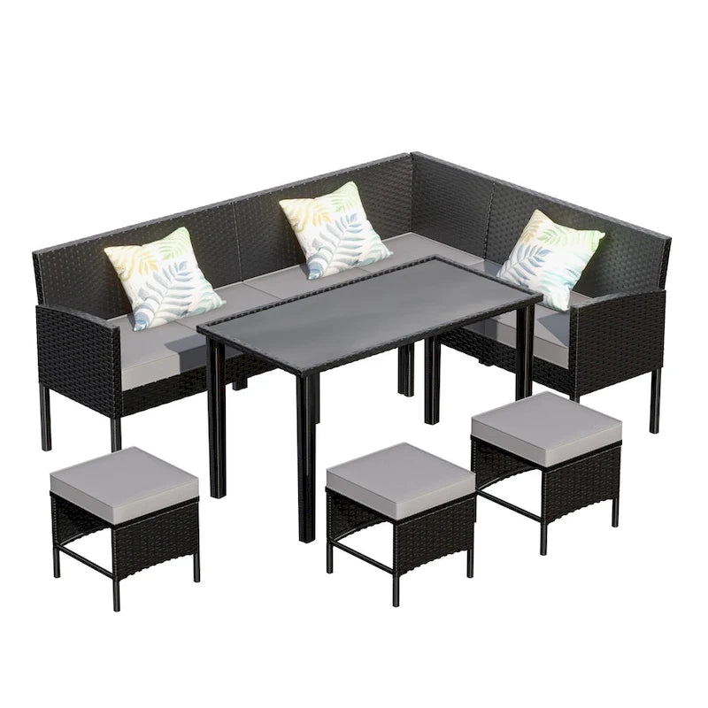 Small Space Patio Furniture 7-Piece Outdoor Furniture Set, Backyard Furniture Set, Waterproof Seat Cushion, Glass Table