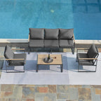 Outdoor 4 Pieces Furniture Sets Modern Iron Patio Conversation Sets Sofa w Grey Cushion Faux Wood Grain Frame Coffee Table