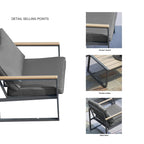 Outdoor 4 Pieces Furniture Sets Modern Iron Patio Conversation Sets Sofa w Grey Cushion Faux Wood Grain Frame Coffee Table