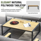Outdoor 4 Pieces Furniture Sets Modern Iron Patio Conversation Sets Sofa w Grey Cushion Faux Wood Grain Frame Coffee Table