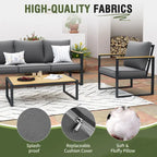 Outdoor 4 Pieces Furniture Sets Modern Iron Patio Conversation Sets Sofa w Grey Cushion Faux Wood Grain Frame Coffee Table