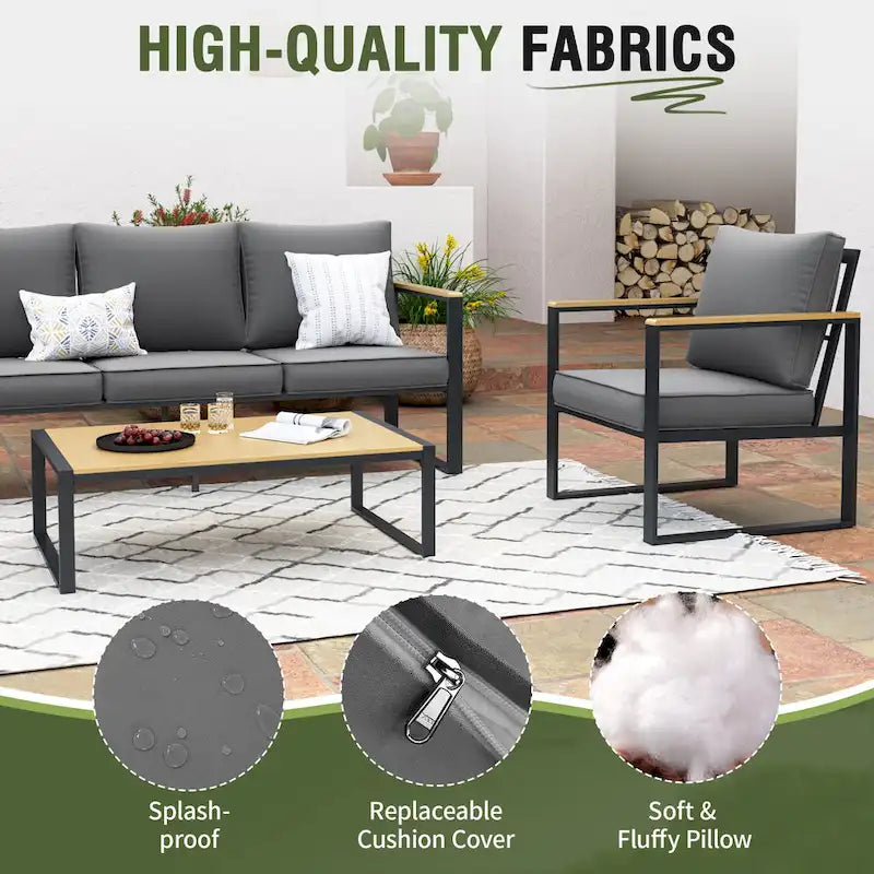 Outdoor 4 Pieces Furniture Sets Modern Iron Patio Conversation Sets Sofa w Grey Cushion Faux Wood Grain Frame Coffee Table