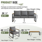 Outdoor 4 Pieces Furniture Sets Modern Iron Patio Conversation Sets Sofa w Grey Cushion Faux Wood Grain Frame Coffee Table