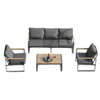 Outdoor 4 Pieces Furniture Sets Modern Iron Patio Conversation Sets Sofa w Grey Cushion Faux Wood Grain Frame Coffee Table