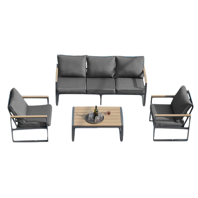 Outdoor 4 Pieces Furniture Sets Modern Iron Patio Conversation Sets Sofa w Grey Cushion Faux Wood Grain Frame Coffee Table