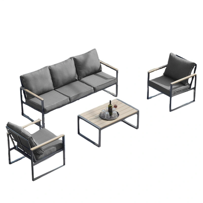 Outdoor 4 Pieces Furniture Sets Modern Iron Patio Conversation Sets Sofa w Grey Cushion Faux Wood Grain Frame Coffee Table