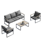 Outdoor 4 Pieces Furniture Sets Modern Iron Patio Conversation Sets Sofa w Grey Cushion Faux Wood Grain Frame Coffee Table