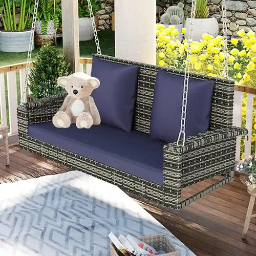 2-Person Wicker Hanging Porch Swing with Chains, Cushion & Pillow