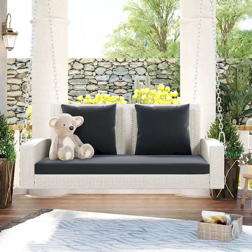 2-Person Wicker Hanging Porch Swing with Chains, Cushion & Pillow