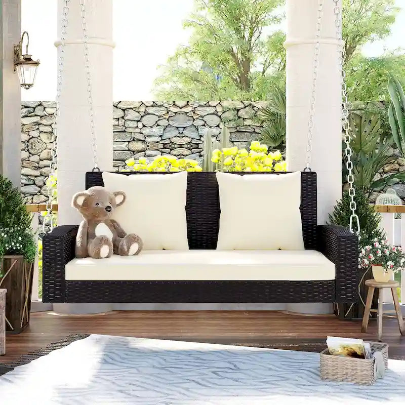 2-Person Wicker Hanging Porch Swing with Chains, Cushion & Pillow