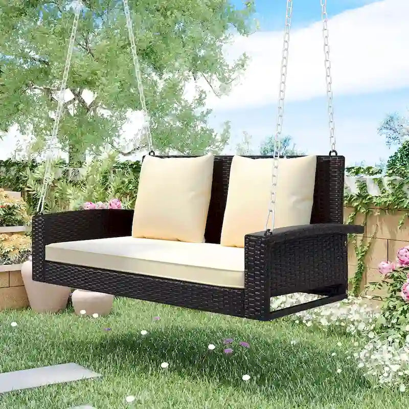 2-Person Wicker Hanging Porch Swing with Chains, Cushion & Pillow
