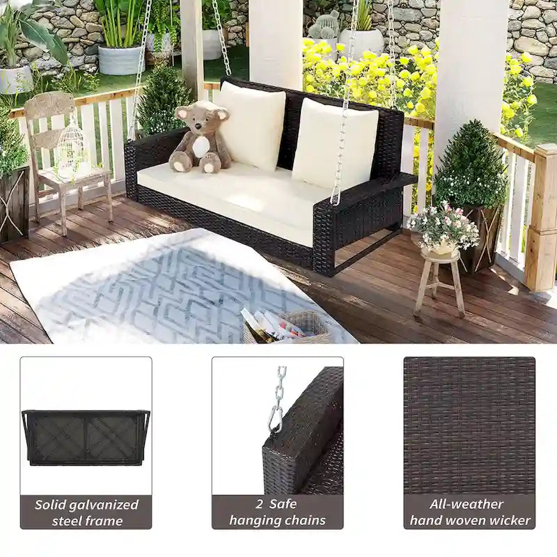 2-Person Wicker Hanging Porch Swing with Chains, Cushion & Pillow