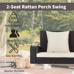2-Person Wicker Hanging Porch Swing with Chains, Cushion & Pillow