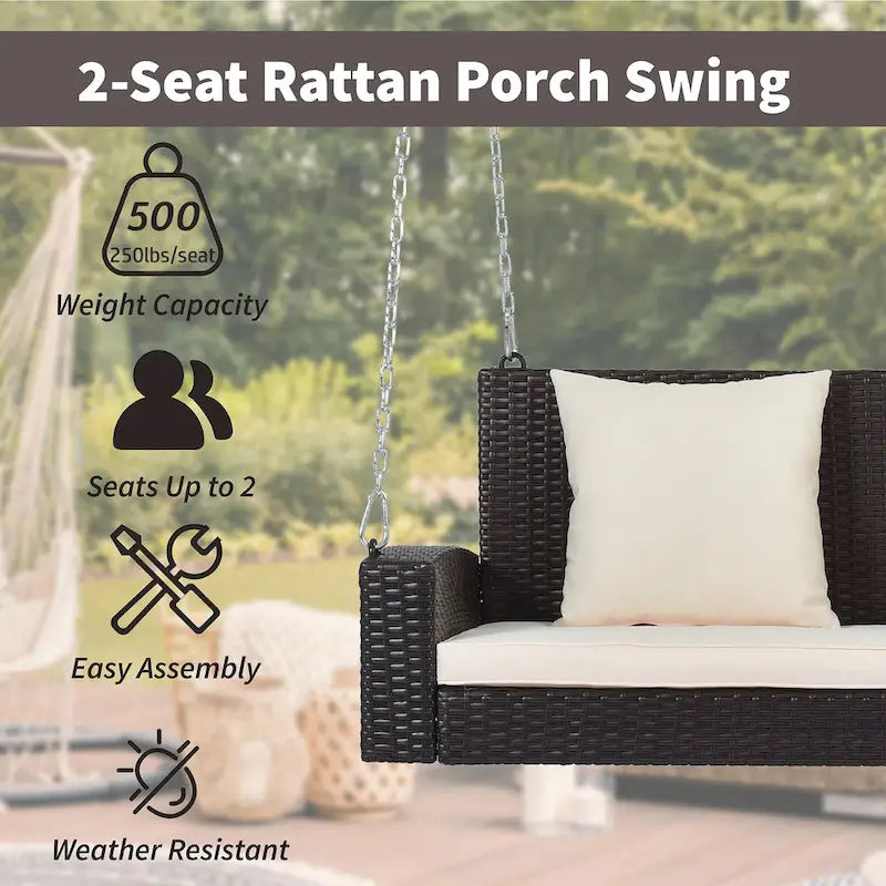 2-Person Wicker Hanging Porch Swing with Chains, Cushion & Pillow