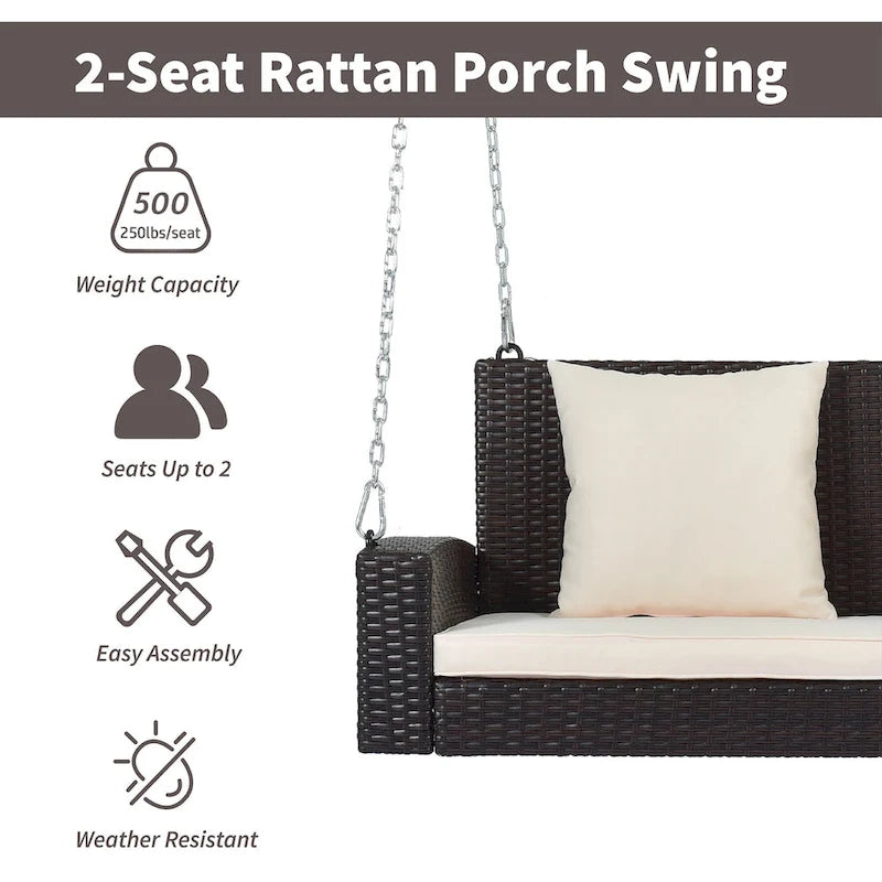 2-Person Wicker Hanging Porch Swing with Chains, Cushion & Pillow