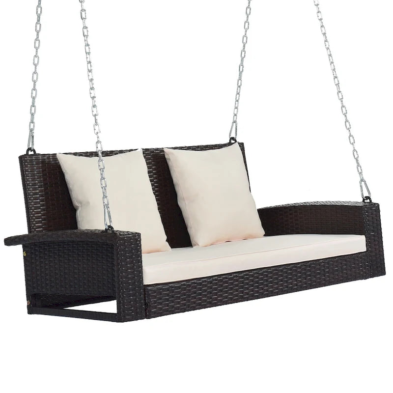 2-Person Wicker Hanging Porch Swing with Chains, Cushion & Pillow