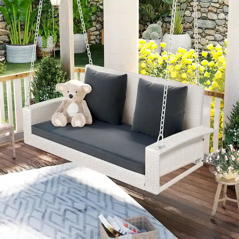2-Person Wicker Hanging Porch Swing with Chains, Cushion & Pillow