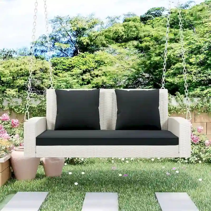 2-Person Wicker Hanging Porch Swing with Chains, Cushion & Pillow