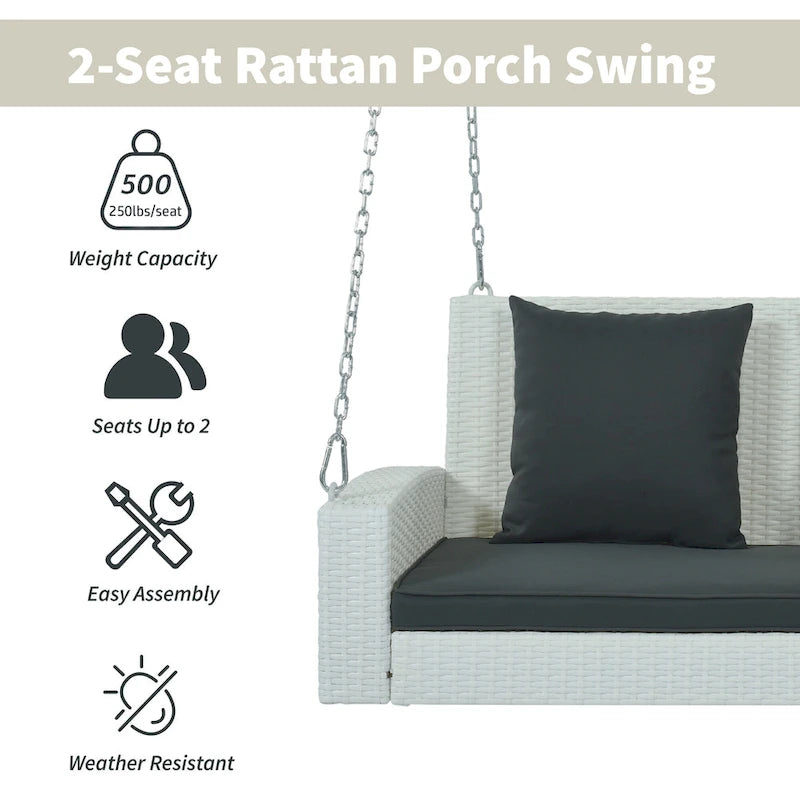 2-Person Wicker Hanging Porch Swing with Chains, Cushion & Pillow