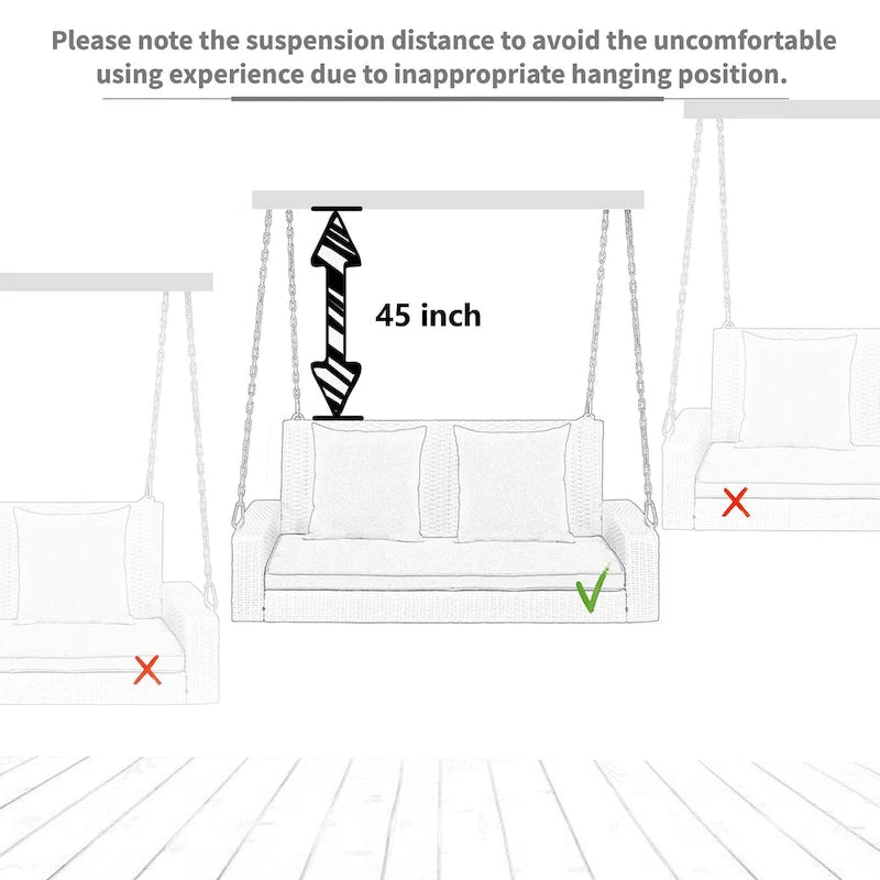 2-Person Wicker Hanging Porch Swing with Chains, Cushion & Pillow