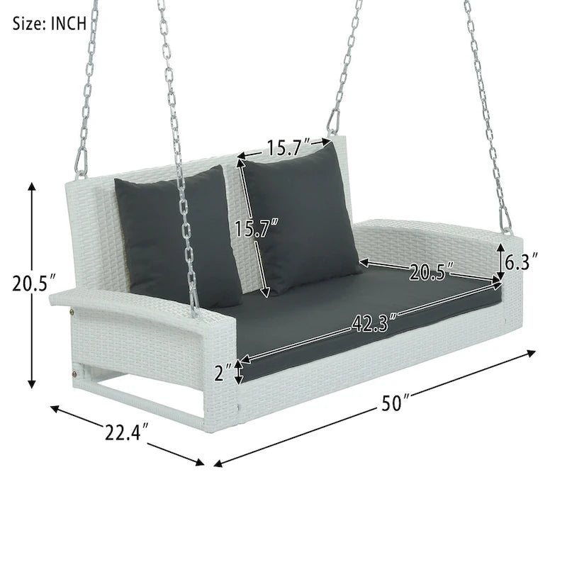 2-Person Wicker Hanging Porch Swing with Chains, Cushion & Pillow