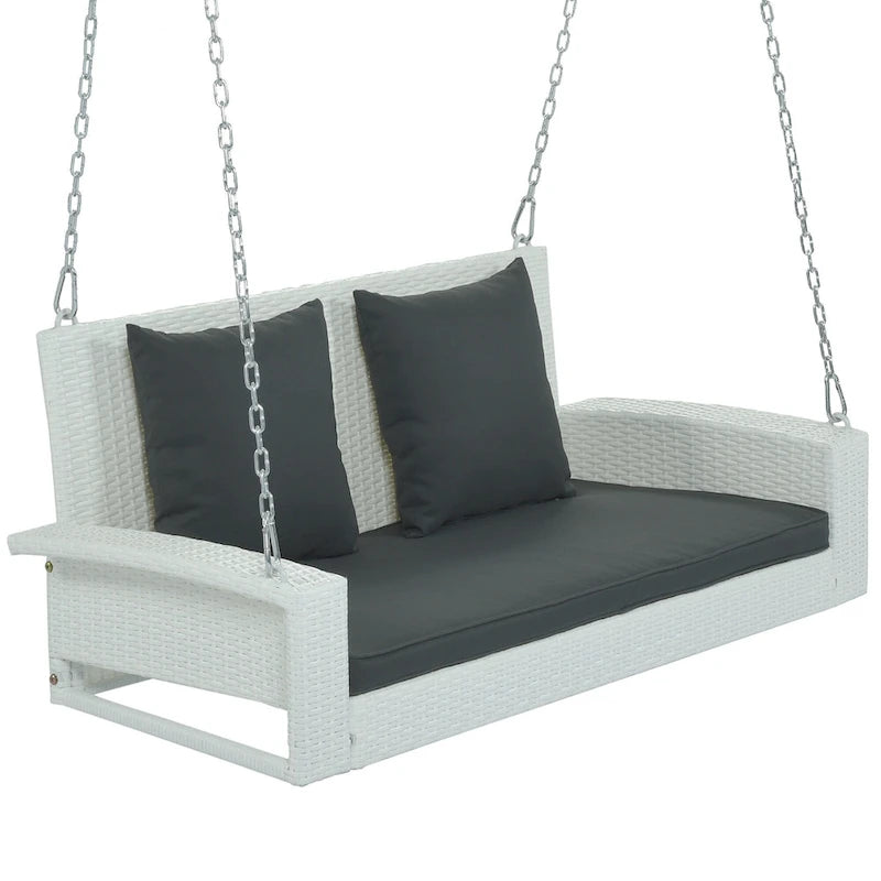 2-Person Wicker Hanging Porch Swing with Chains, Cushion & Pillow