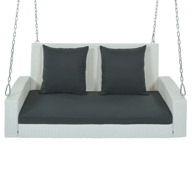2-Person Wicker Hanging Porch Swing with Chains, Cushion & Pillow