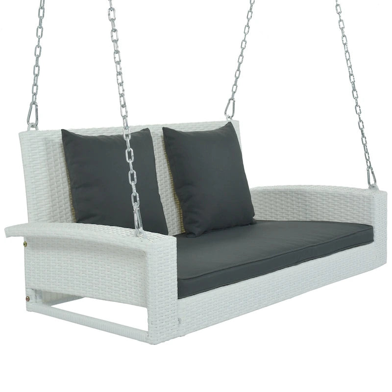 2-Person Wicker Hanging Porch Swing with Chains, Cushion & Pillow