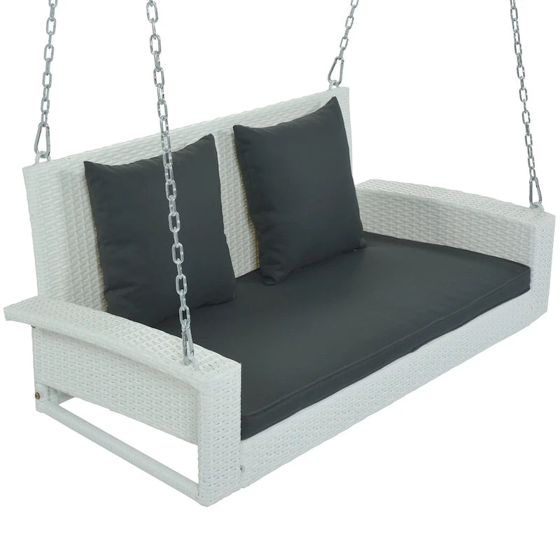 2-Person Wicker Hanging Porch Swing with Chains, Cushion & Pillow