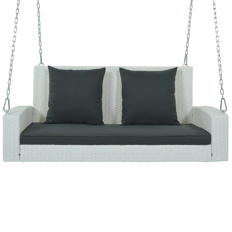 2-Person Wicker Hanging Porch Swing with Chains, Cushion & Pillow