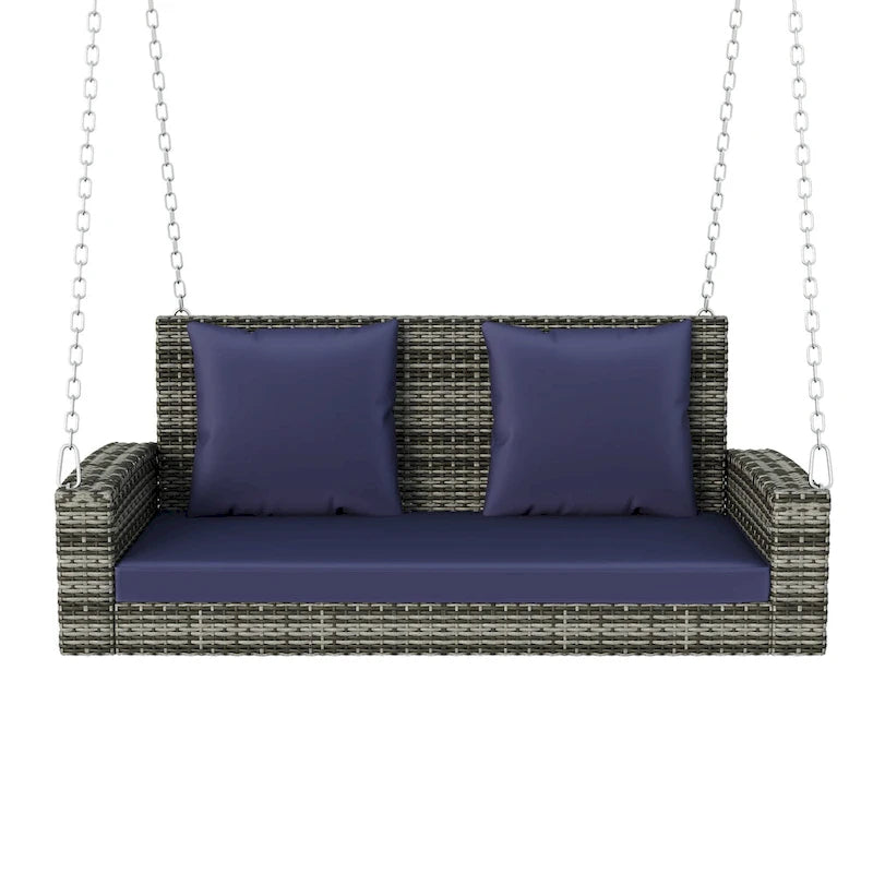 2-Person Wicker Hanging Porch Swing with Chains, Cushion & Pillow