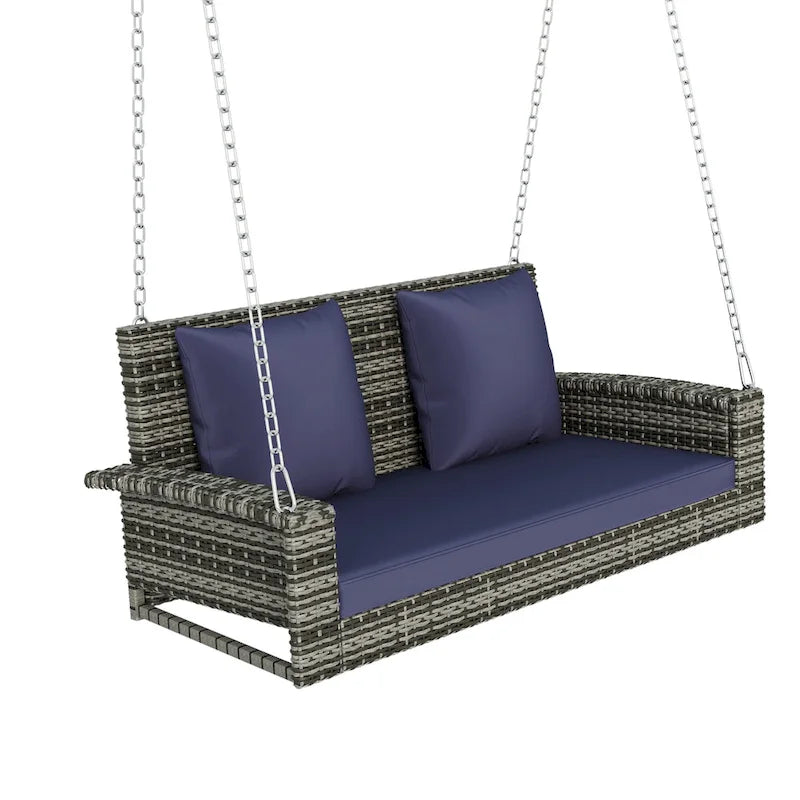 2-Person Wicker Hanging Porch Swing with Chains, Cushion & Pillow