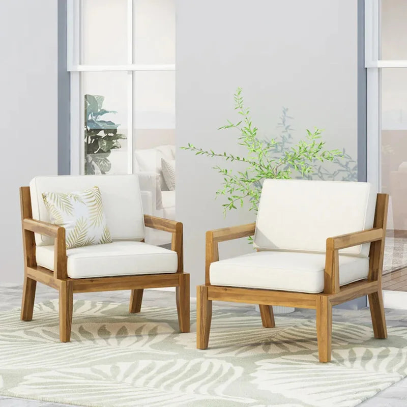 Set of 2, Outdoor Acacia Wood Patio Club Chair, Patio Furniture,Waterproof Thick Cushion Deep Seating