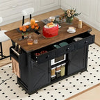 53.7 Farmhouse Kitchen Island With Power Outlet, 2 Sliding Barn Door, Kitchen Storage Island With Drop Leaf, Spice Rack