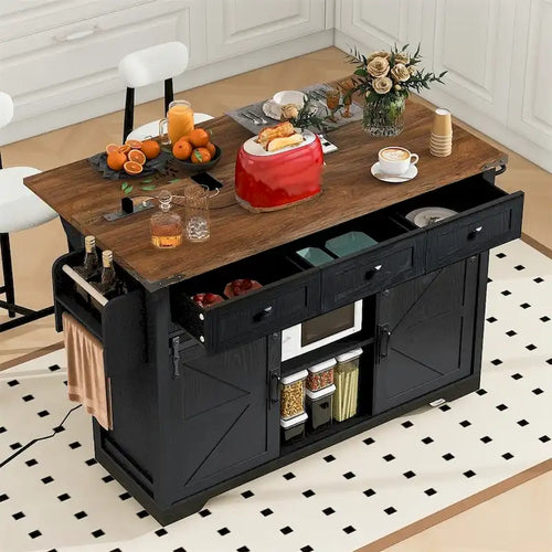 53.7 Farmhouse Kitchen Island With Power Outlet, 2 Sliding Barn Door, Kitchen Storage Island With Drop Leaf, Spice Rack
