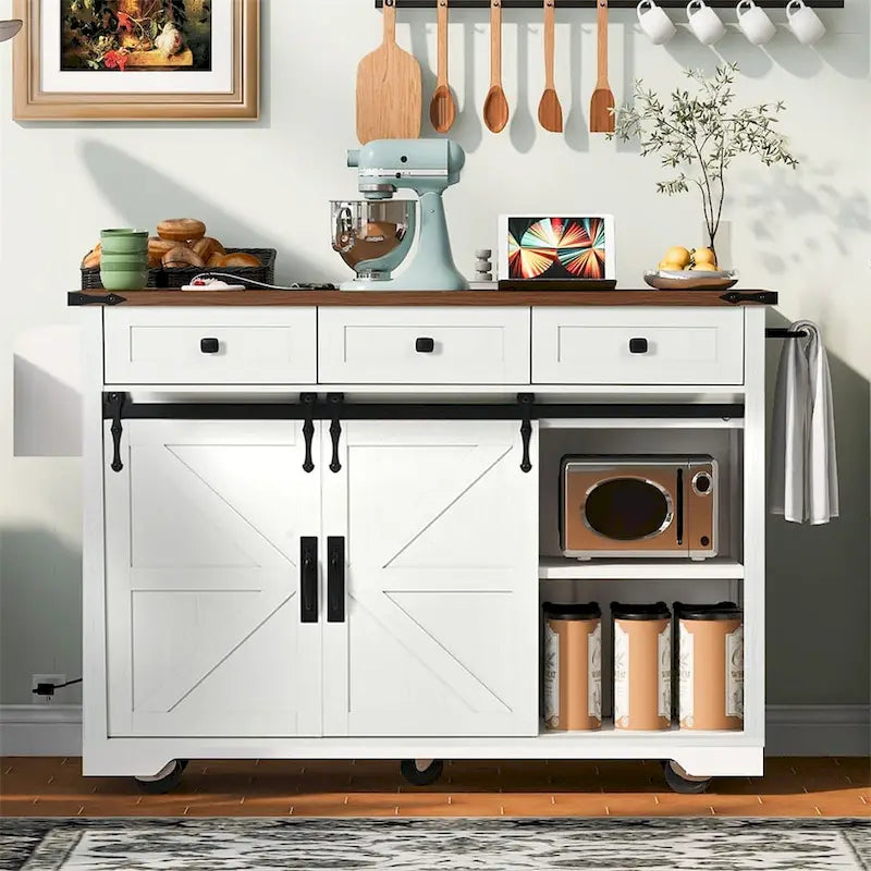 53.7 Farmhouse Kitchen Island With Power Outlet, 2 Sliding Barn Door, Kitchen Storage Island With Drop Leaf, Spice Rack