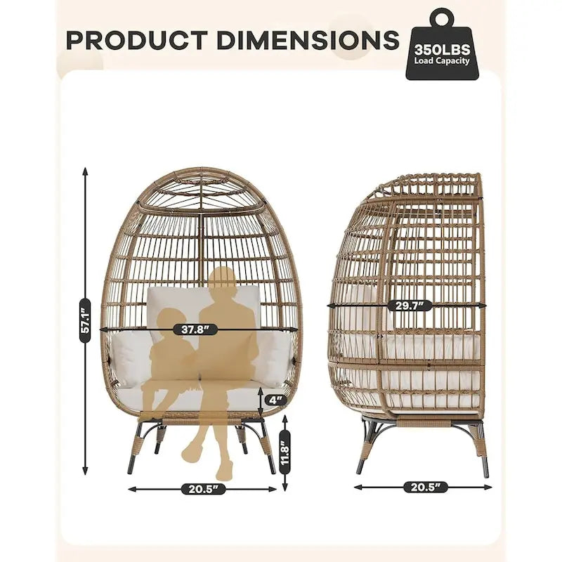 Oversize Wicker Egg Chair Outdoor with Steel Frame, Egg Basket Lounge Chair with 4 Cushions